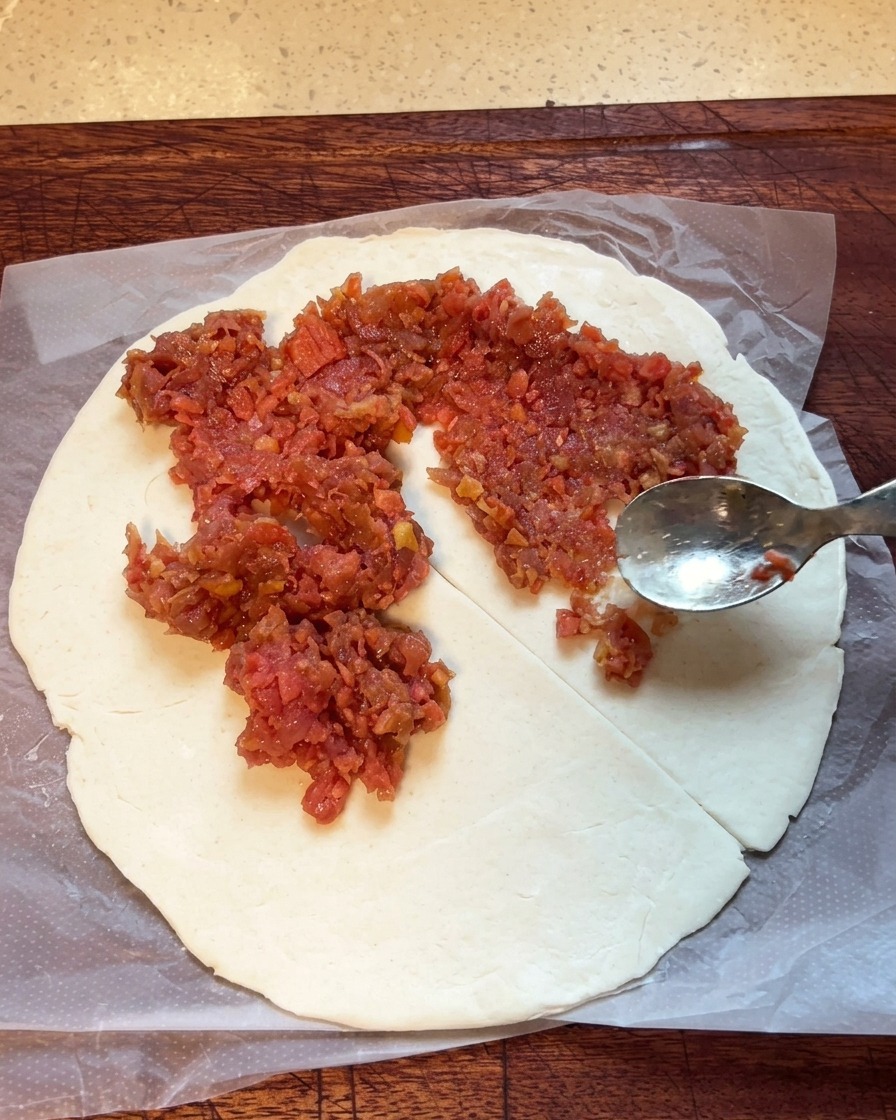 Die Fleischfüllung wird mit einem Löffel auf dem Pfannkuchen verteilt.