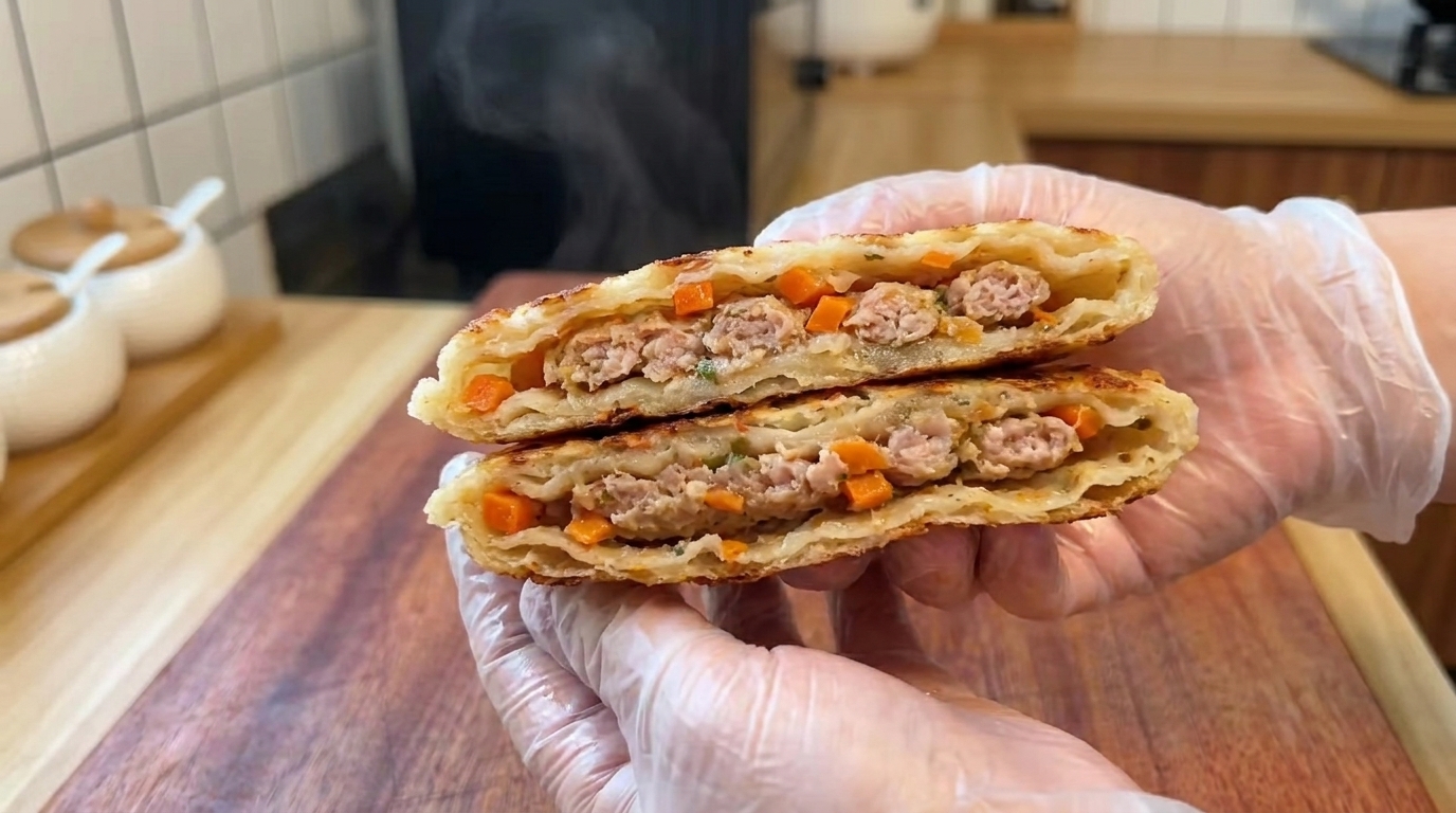 Herzhafte Frühlingszwiebelpfannkuchen mit Schweinefleisch-Karotten-Füllung