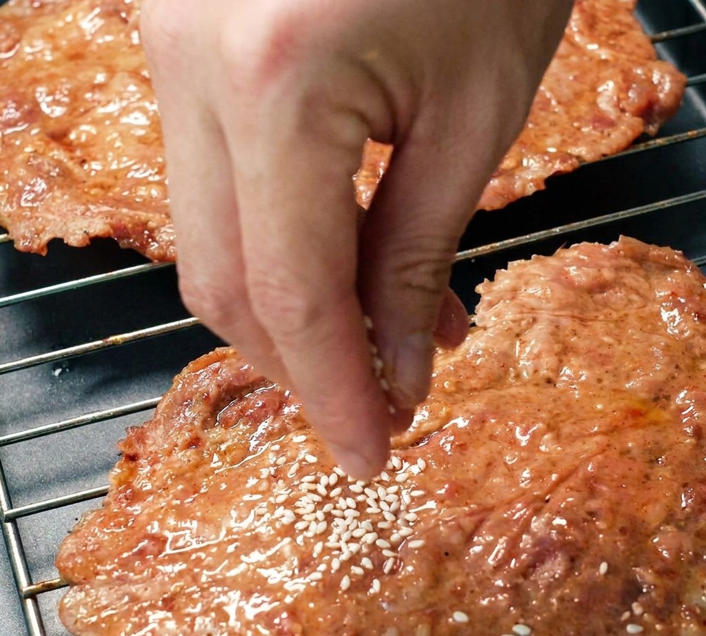 Weißer Sesam wird auf die glasierten Fleischstreifen gestreut.