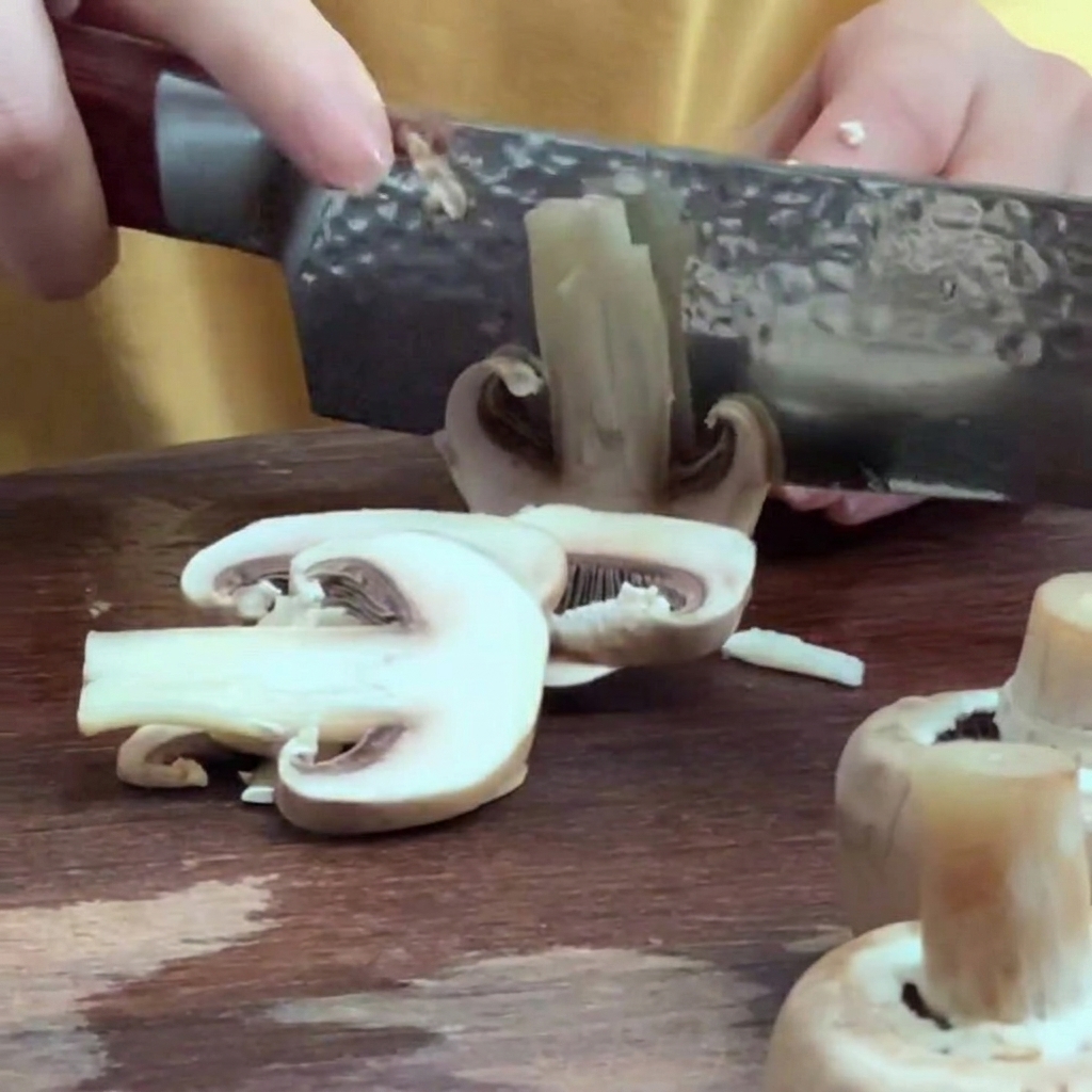 Frische Champignons werden auf einem Holzbrett in dünne, gleichmäßige Scheiben geschnitten.