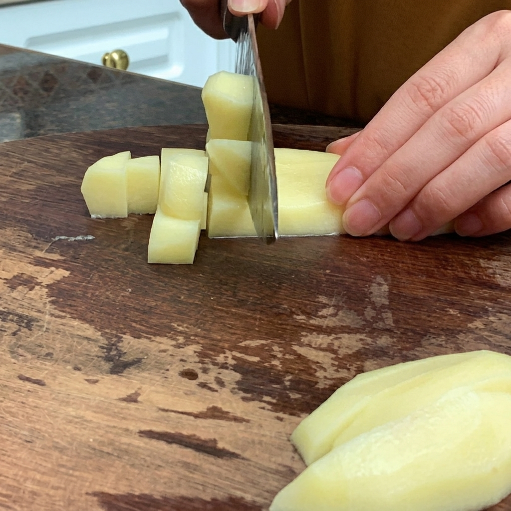 Eine rohe geschälte Kartoffel wird auf einem Holzbrett in kleine, gleichmäßige Würfel geschnitten.