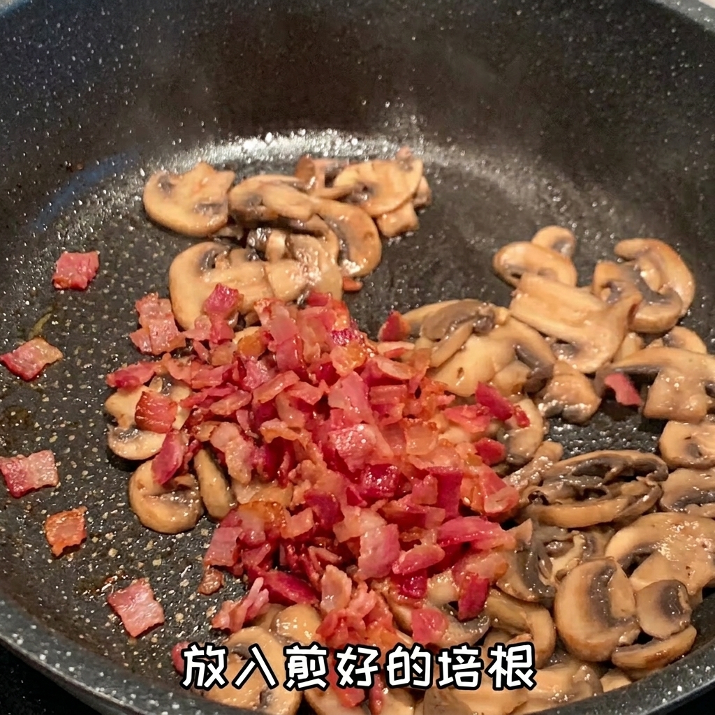 Speck und rohe Muscheln werden in der Pfanne mit gebratenen Pilzen vermengt.