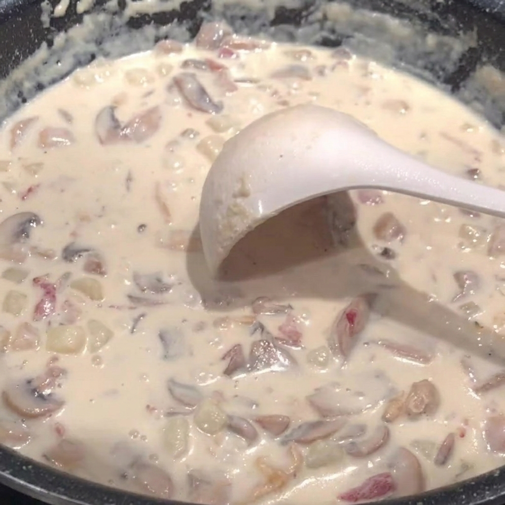Eine weiße Kelle in einem Topf mit cremiger Suppe, während Salz hinzugefügt wird.