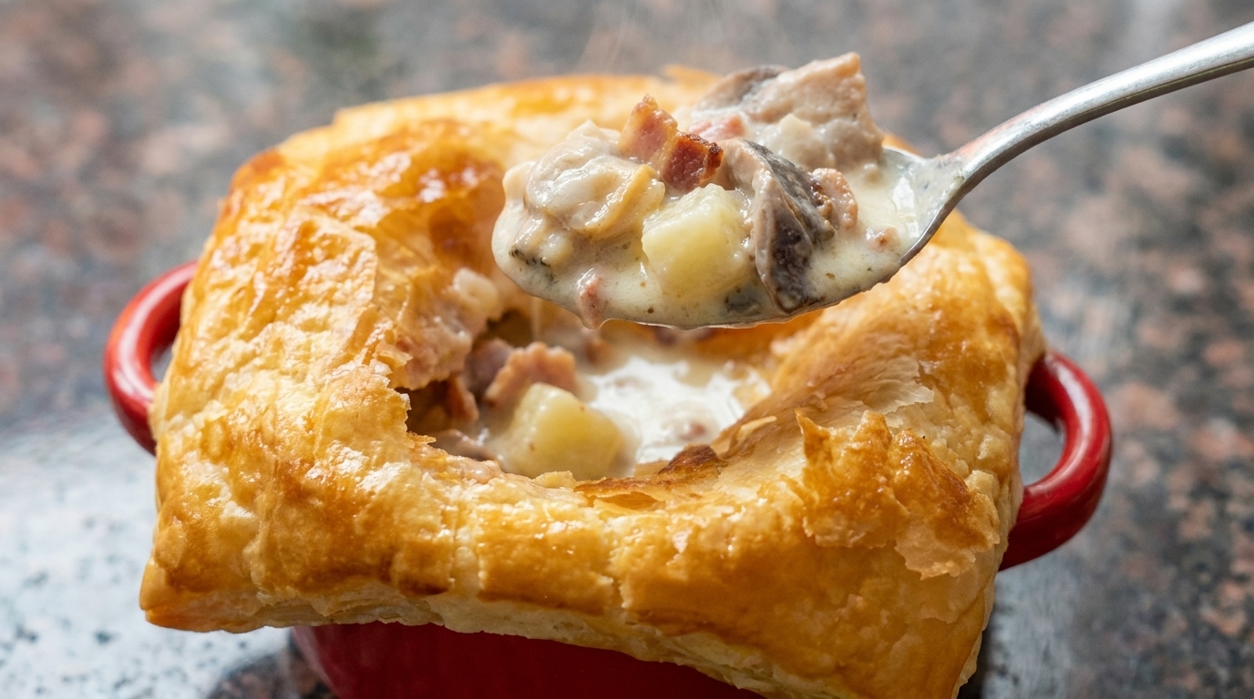 Cremige Muschelsuppe mit goldener Blätterteighaube