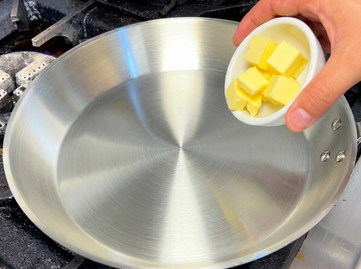 Gelbe Butter schmilzt in einer Edelstahlpfanne und beginnt zu sprudeln.