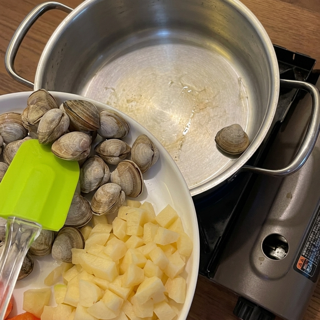 Nahaufnahme frischer Muscheln, gewürfelter Kartoffeln und Karotten in einem Edelstahltopf vor der Zugabe von Flüssigkeit.