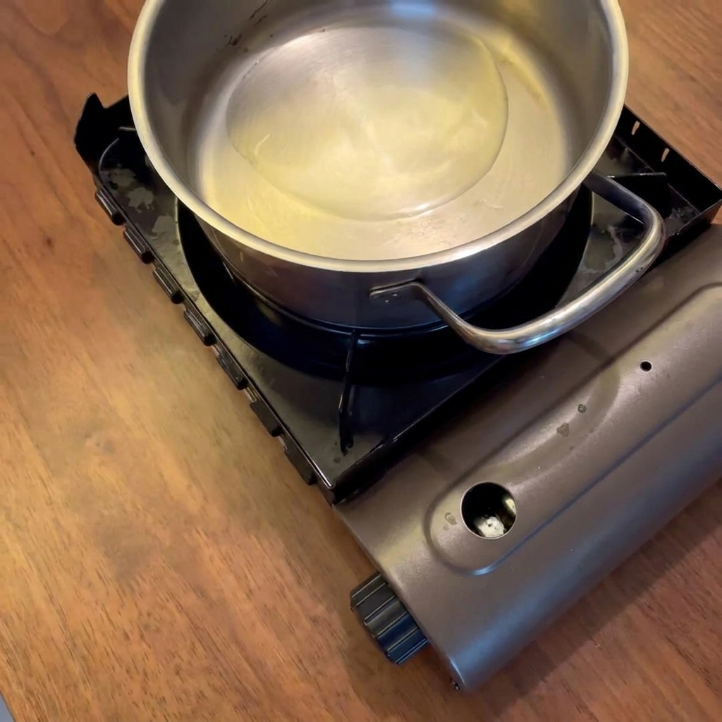 Knusprige Speckstücke werden aus dem Topf genommen, wobei das aromatische Fett im Topf zurückbleibt.