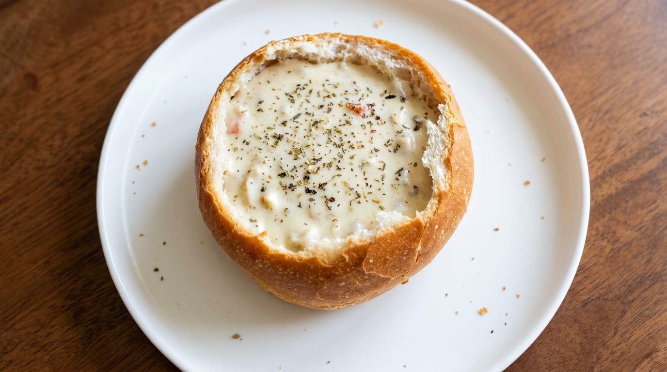 Klassische San Francisco Muschelsuppe im Sauerteig-Brotlaib