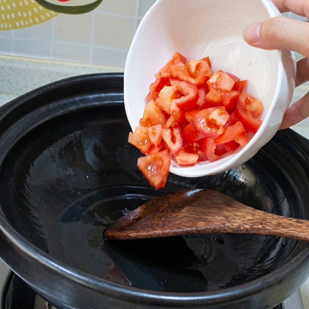 Gehackte Tomaten in einem heißen Tontopf anbraten, bis sie weich werden.
