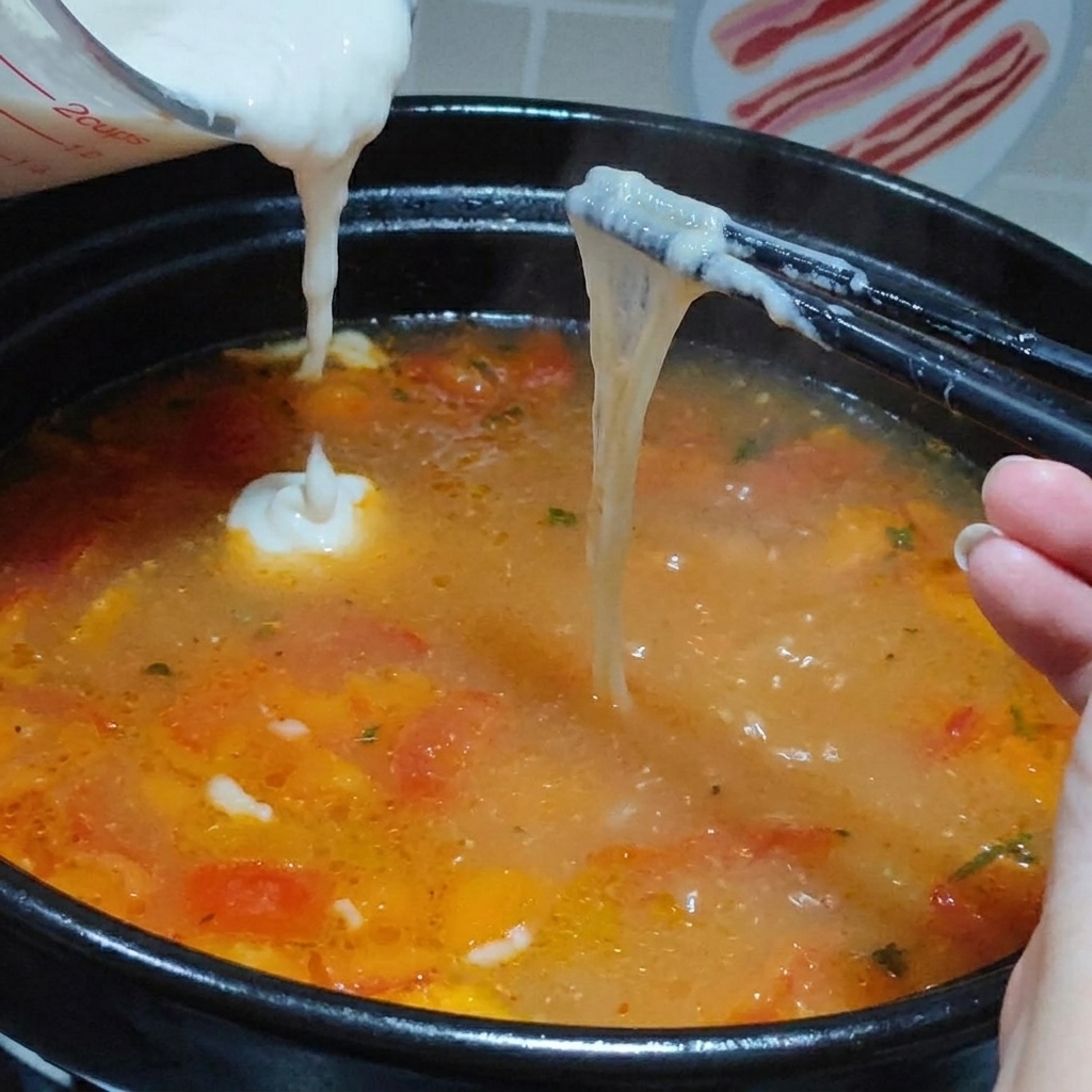 Teigpaste wird in die kochende Suppe geträufelt, um kleine Klößchen zu formen.