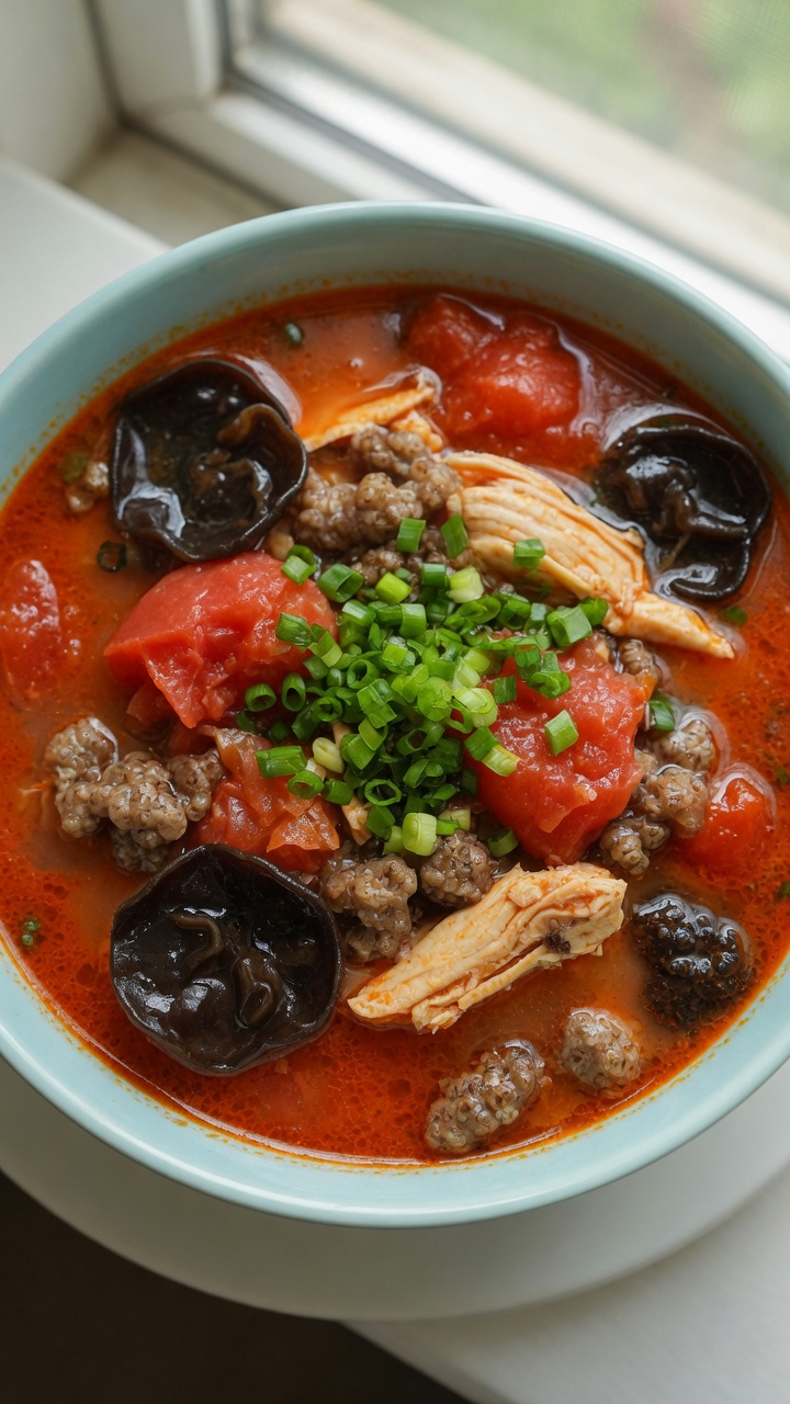 Tomaten-Hähnchen-Suppe mit Buchweizen-Nocken