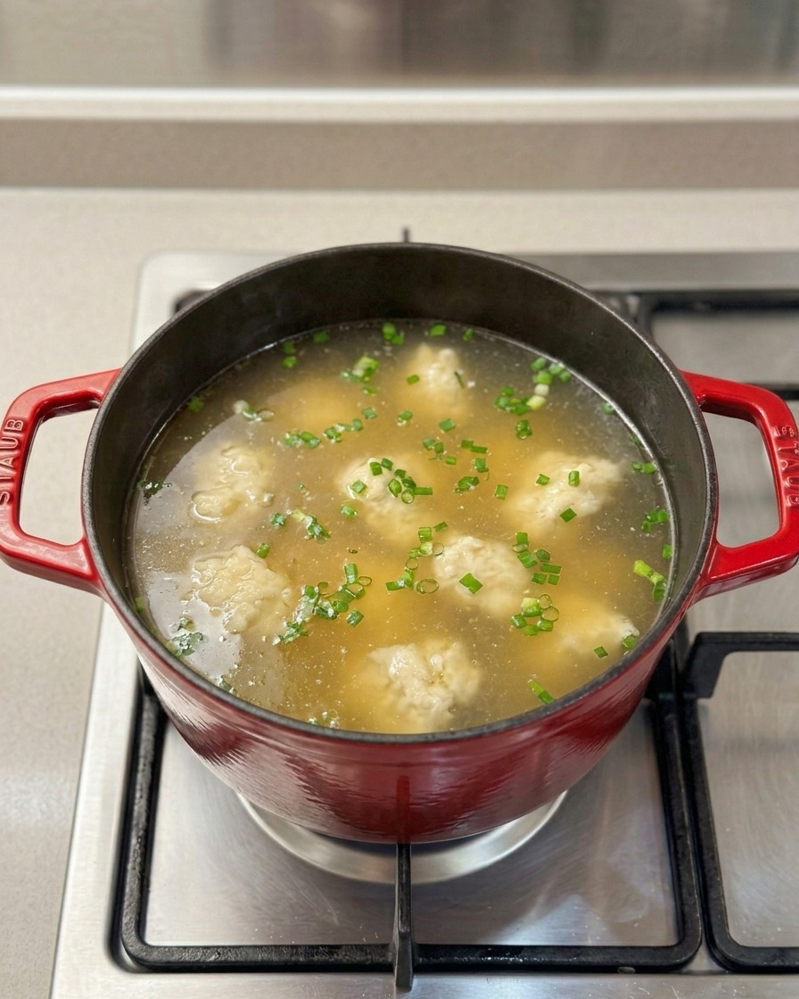 Mehlklößchen werden in die kochende Hühnersuppe gerührt.