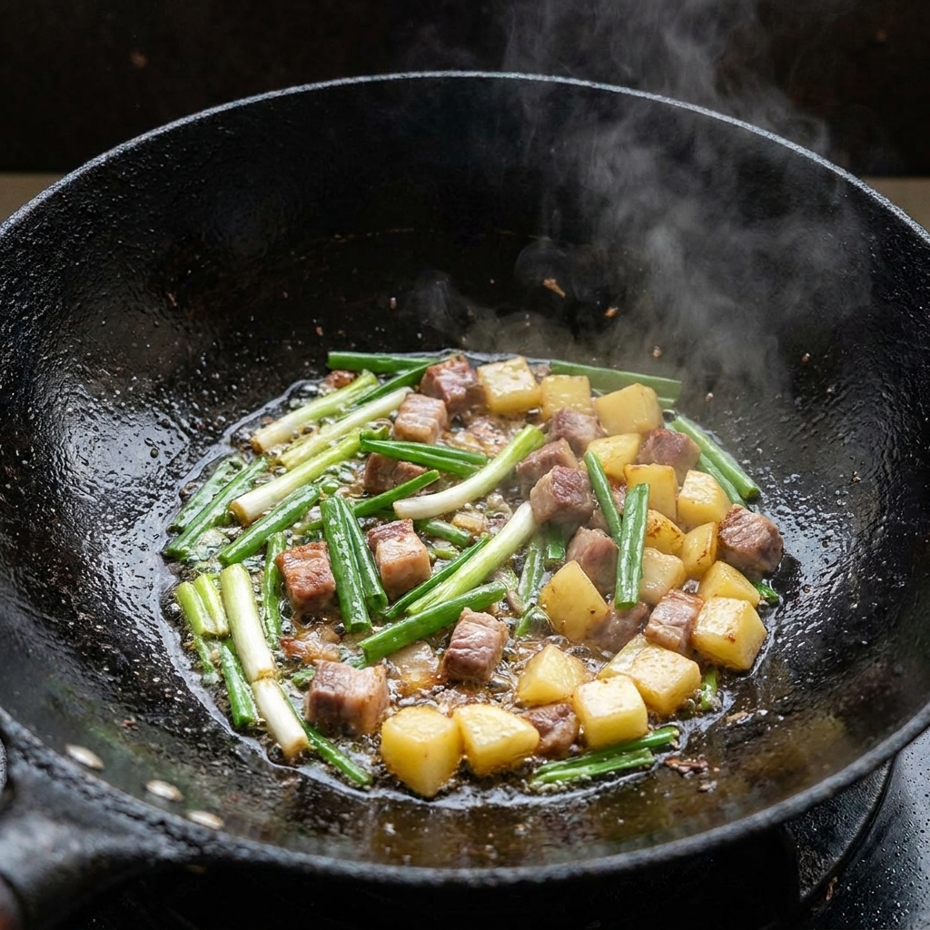 Knochenbrühe wird in einen Wok gegossen, der angebratenes Fleisch, Kartoffeln und Frühlingszwiebeln enthält.