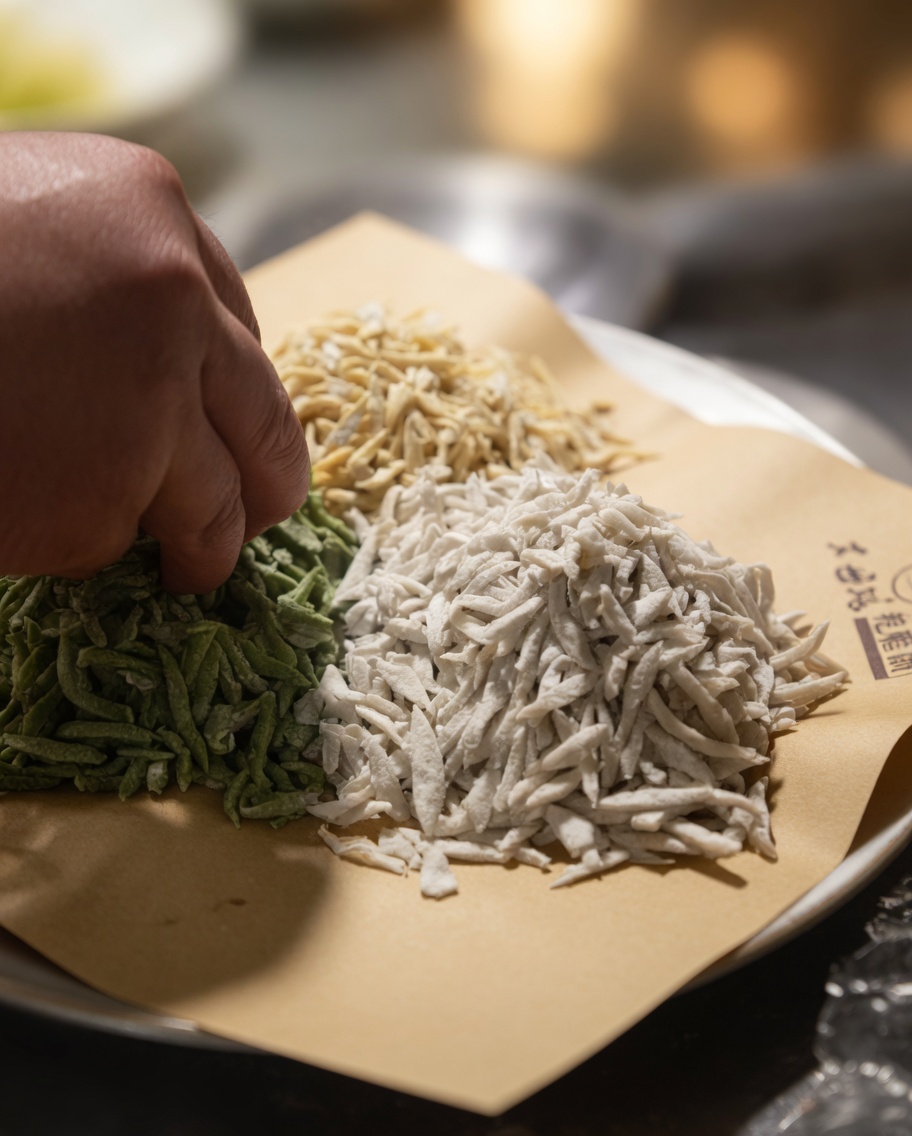 Kleine, bunte Teigstücke werden in einen Topf mit kochender Suppe gegeben.