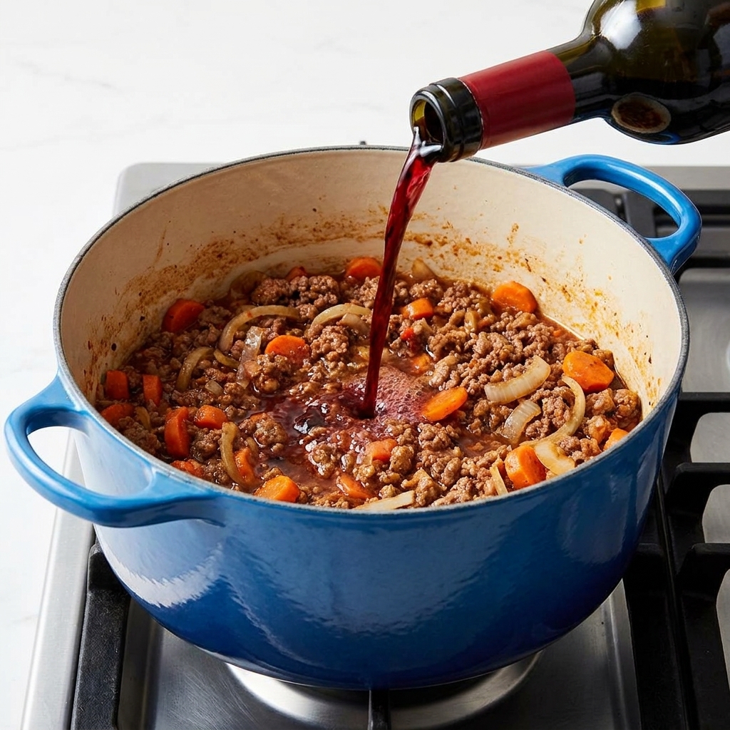 Rotwein wird in den Topf mit angebratenem Fleisch gegossen.