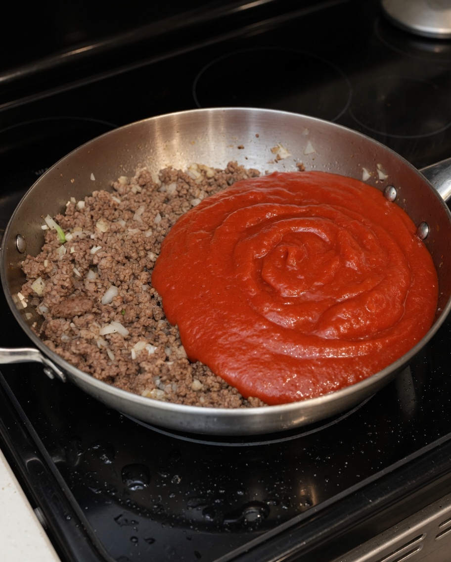 Tomatensauce wird unter die Fleischmischung gerührt.