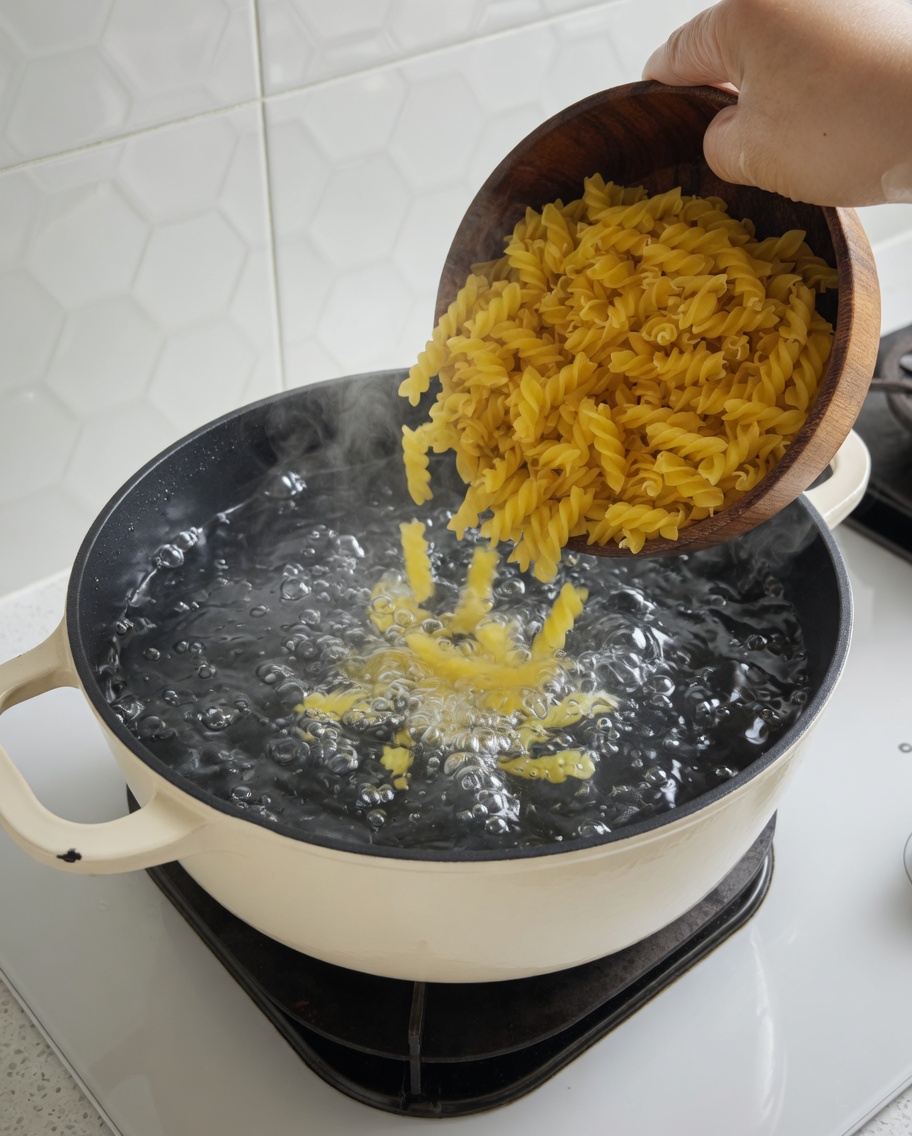 Fusilli werden in einen großen Topf mit kochendem Wasser gegeben.