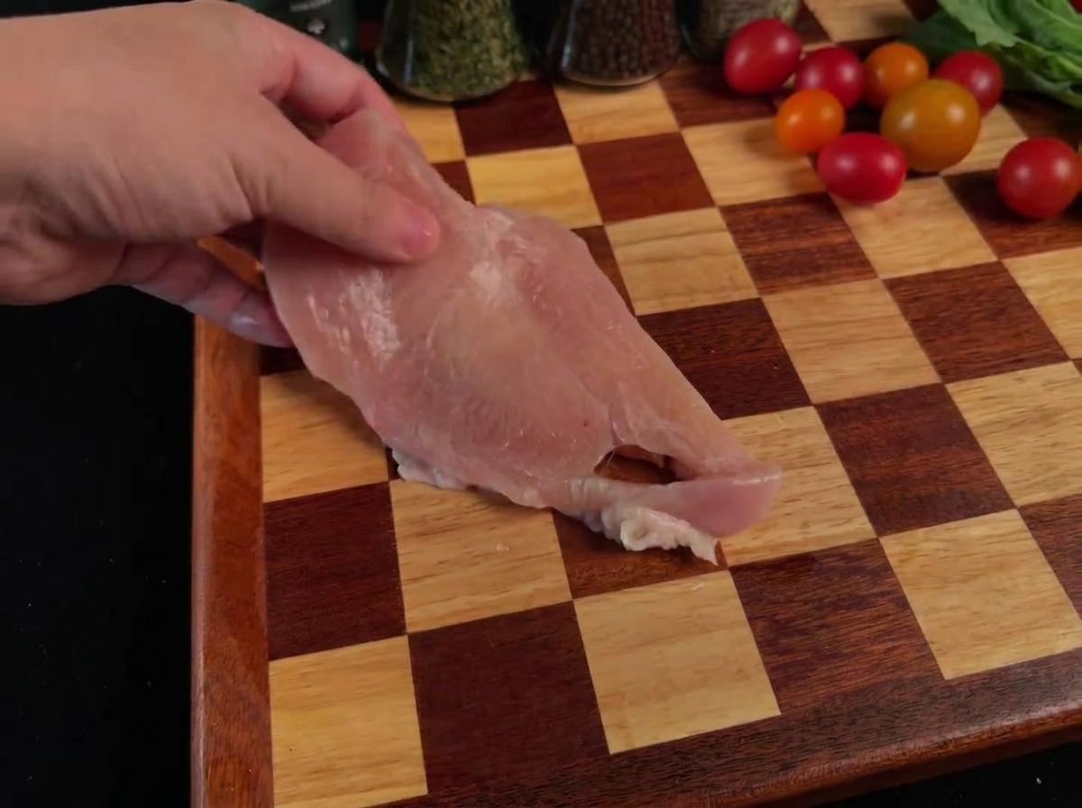 Flachgeklopfte Hähnchenbruststücke auf einem Holzbrett.