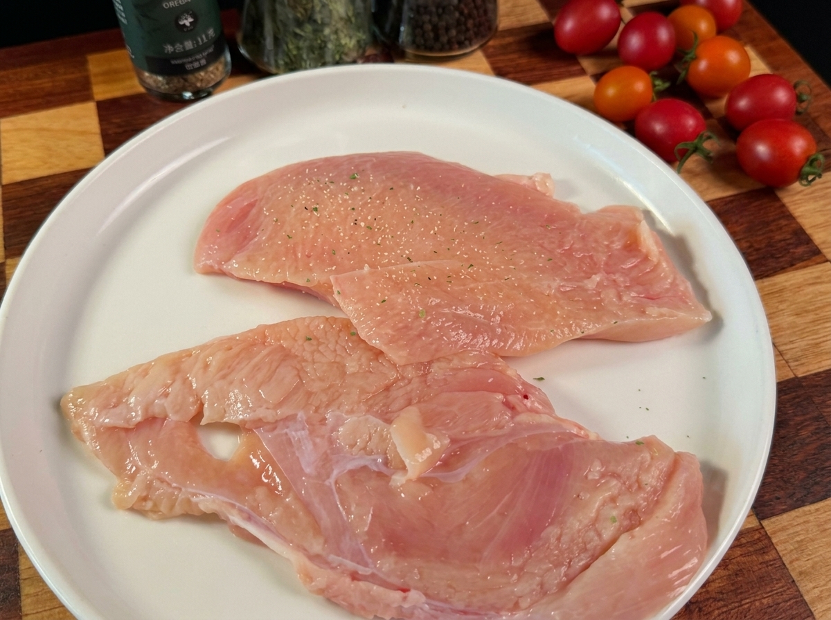 Gewürzte rohe Hähnchenbruststücke auf einem weißen Teller.