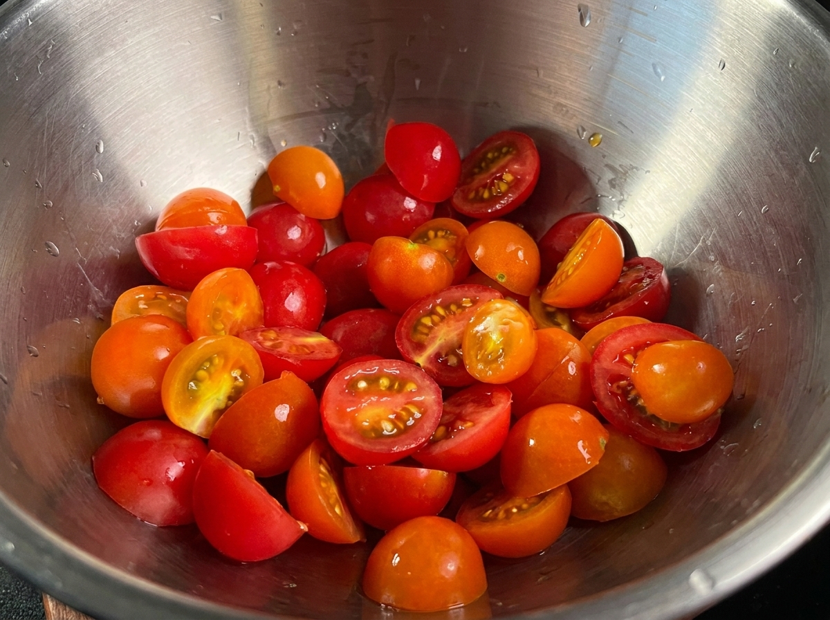 Halbierte Kirschtomaten in einer Metallschüssel.