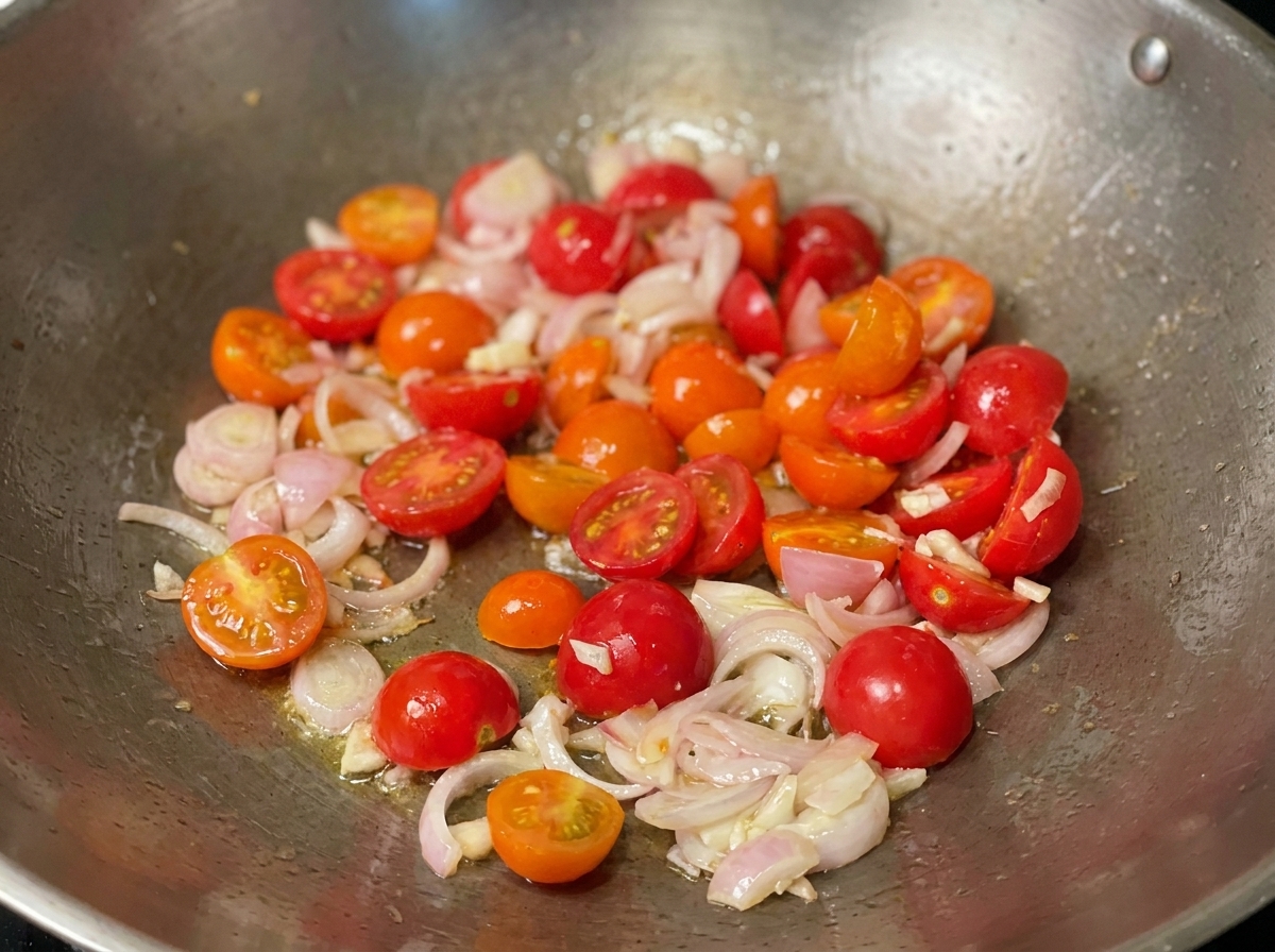 Pfanne mit einkochender Tomatensauce und Kräutern.