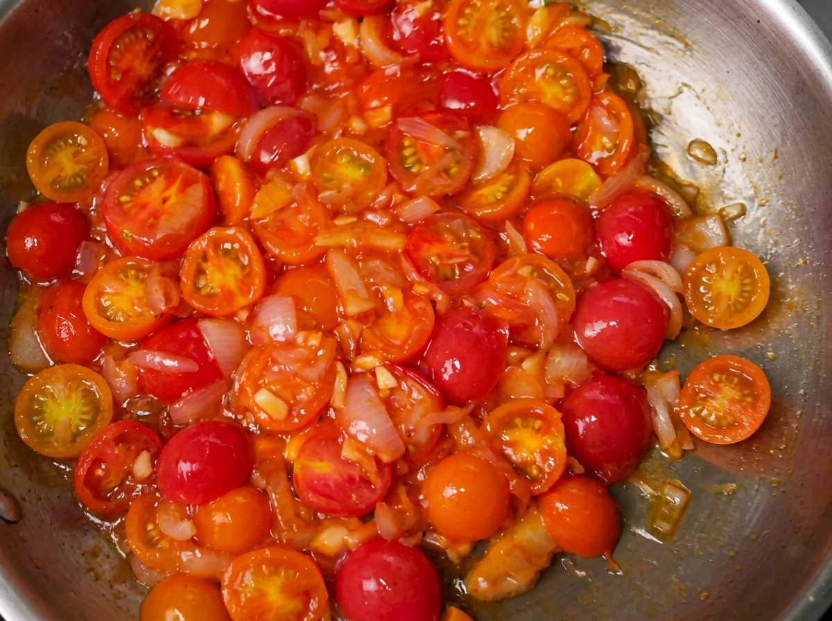 Simmernde Tomatensauce mit Kräutern in der Pfanne.