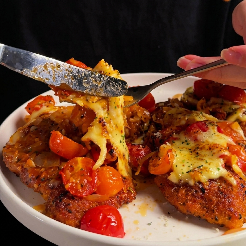 Hähnchenschnitzel wird fest in Semmelbrösel gedrückt.