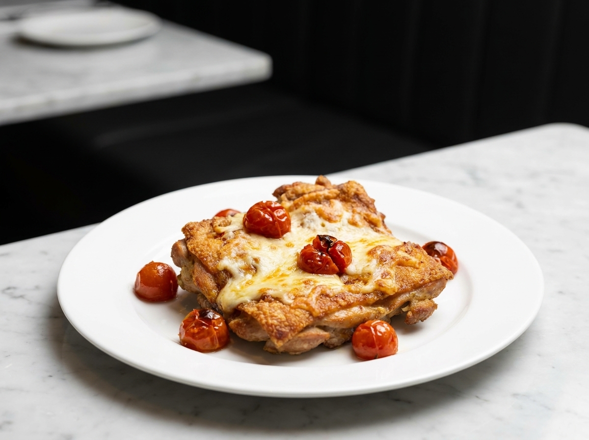 Tomatensauce wird auf die gebratenen Schnitzel gegeben.
