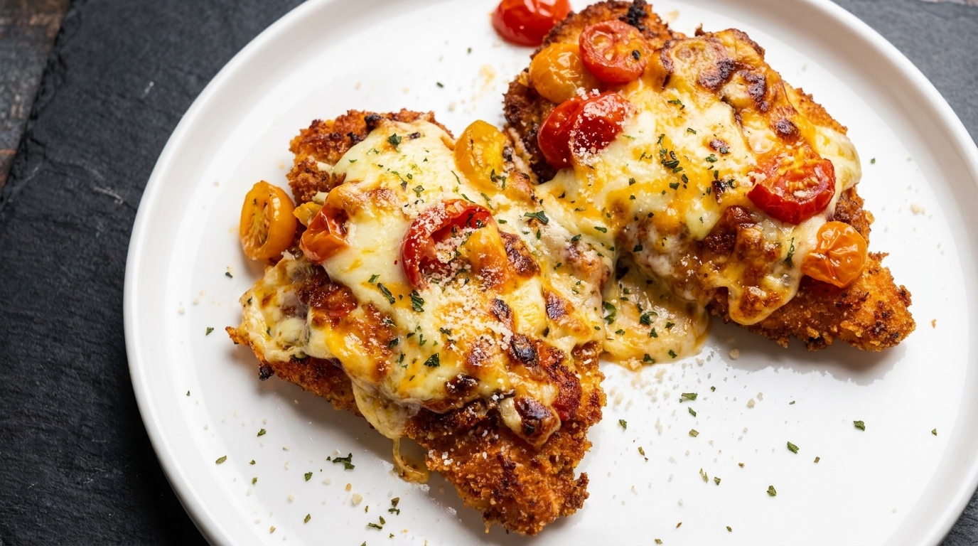 Überbackenes Hähnchenschnitzel mit zweierlei Käse