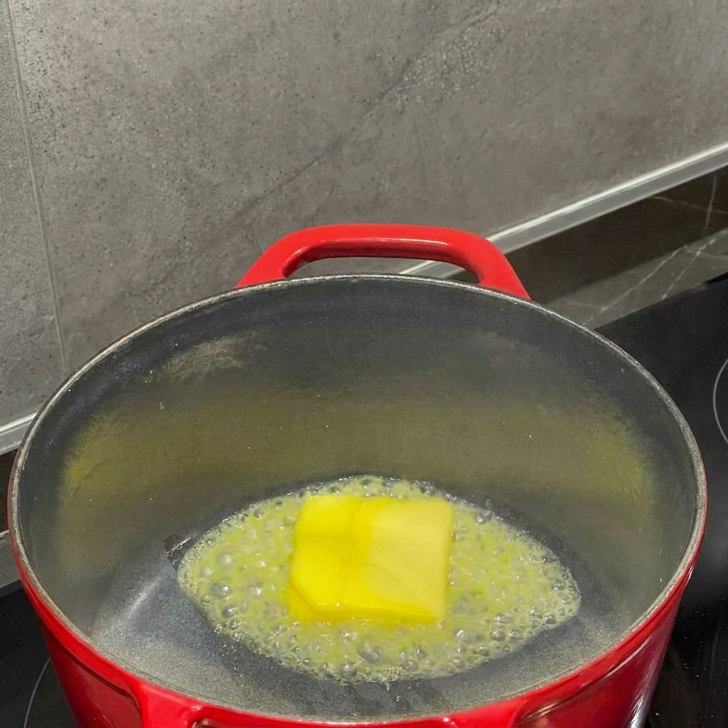 Mehl wird in geschmolzene Butter eingerührt, um eine glatte Paste zu bilden.