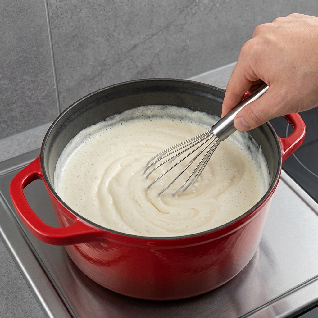 Geschnittener Cheddar und Parmesan werden in die helle Sauce eingerührt.