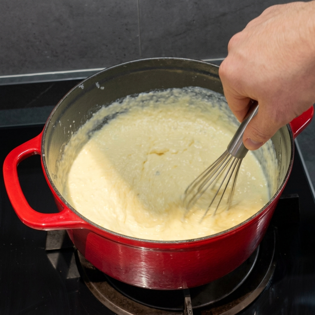 Nahaufnahme einer cremigen Käsesauce mit sichtbarem schwarzem Pfeffer.