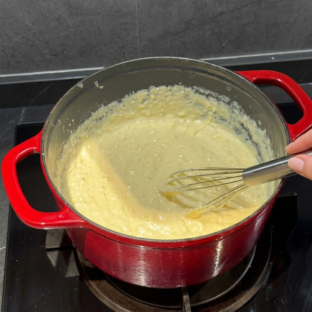 Makkaroni werden in die dickflüssige Käsesauce gerührt.