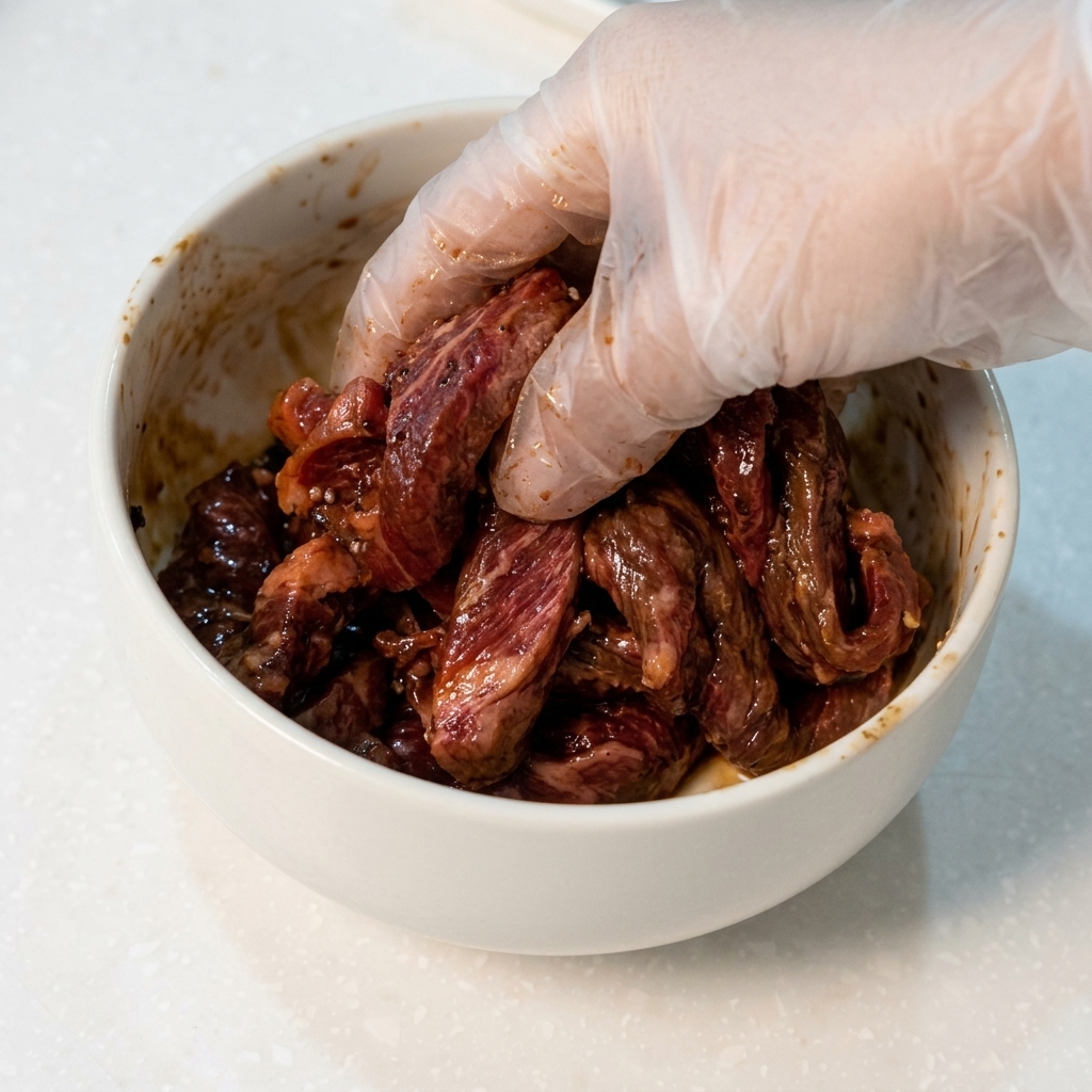 Eine behandschuhte Hand mischt mariniertes Rindfleisch in einer weißen Schüssel.