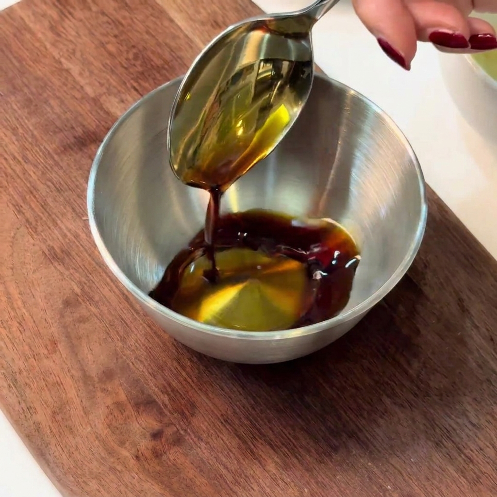 Eine Metallschüssel mit den Zutaten für die Sauce, die mit einem Löffel verrührt werden.