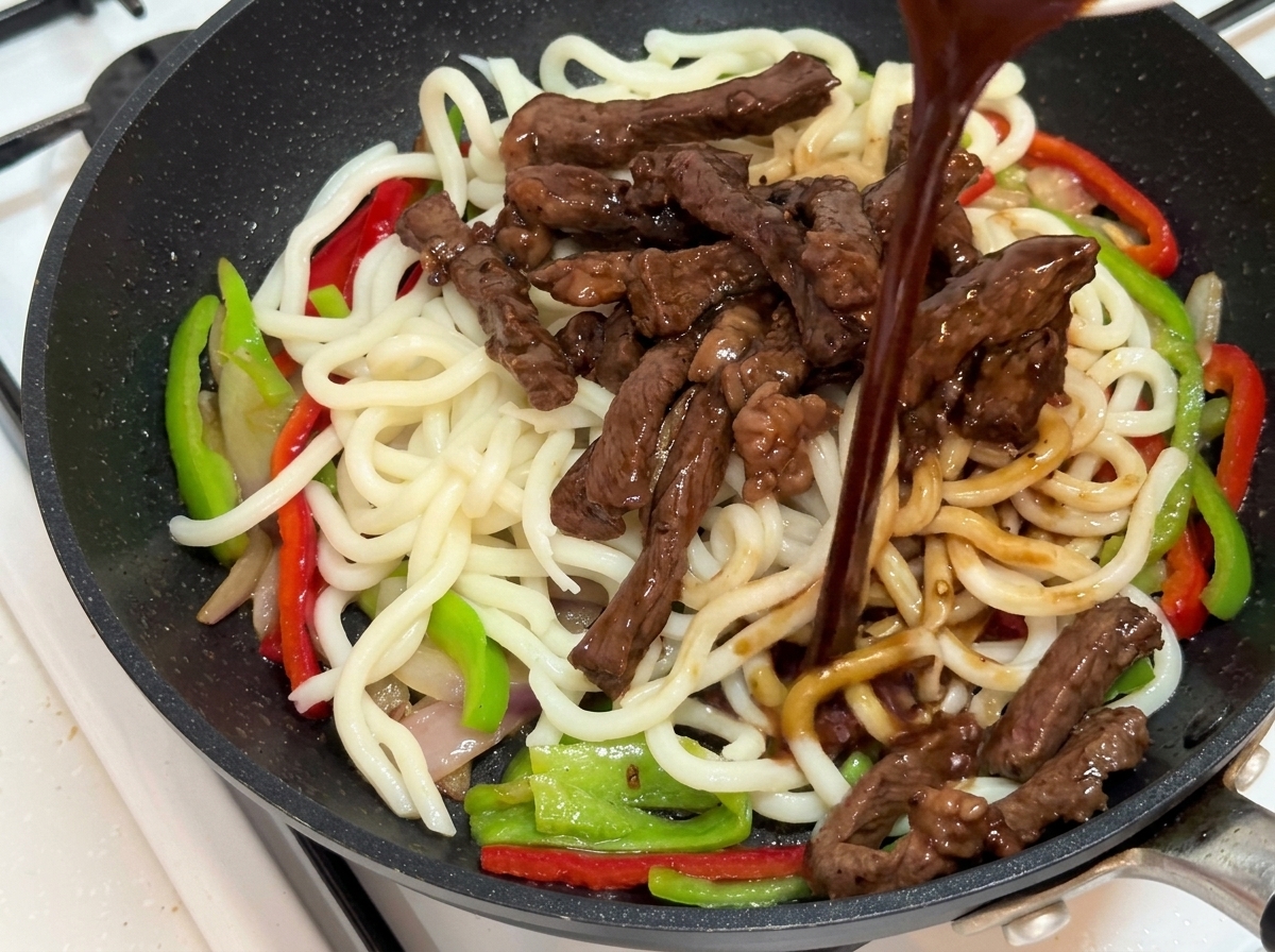 Pfeffersauce wird über die Nudeln, das Fleisch und das Gemüse gegossen.