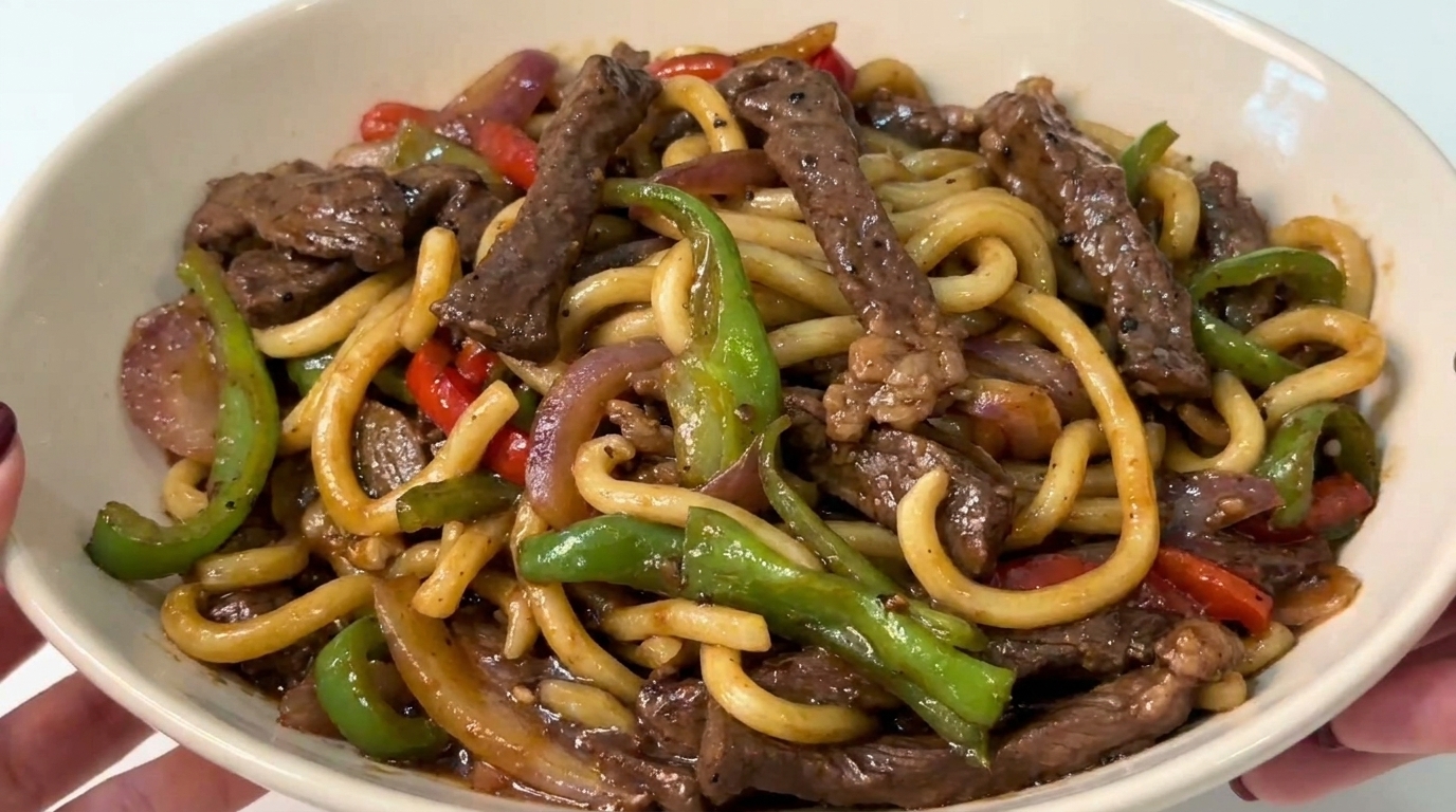 Klassisches Udon mit Rindfleisch in Pfeffersauce
