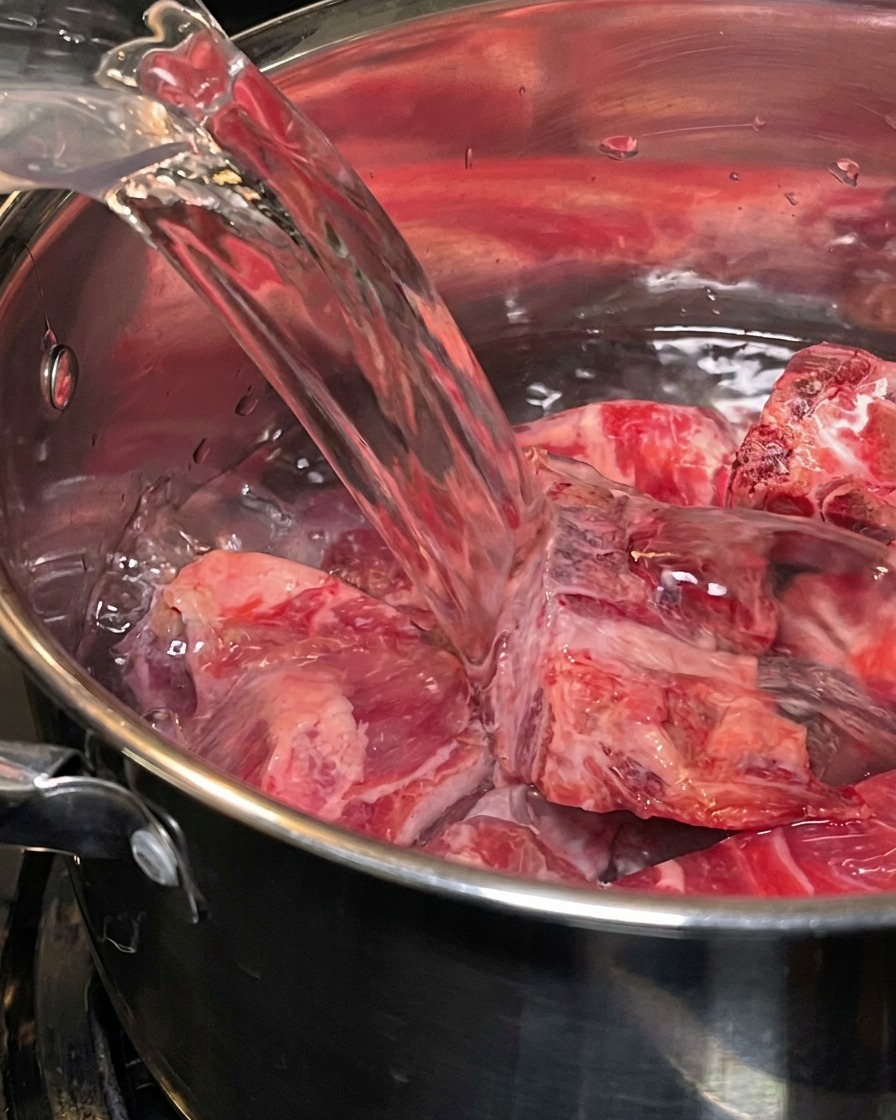 Ein großer Topf mit in kaltem Wasser liegenden Schweineknochen, bereit zum Blanchieren.