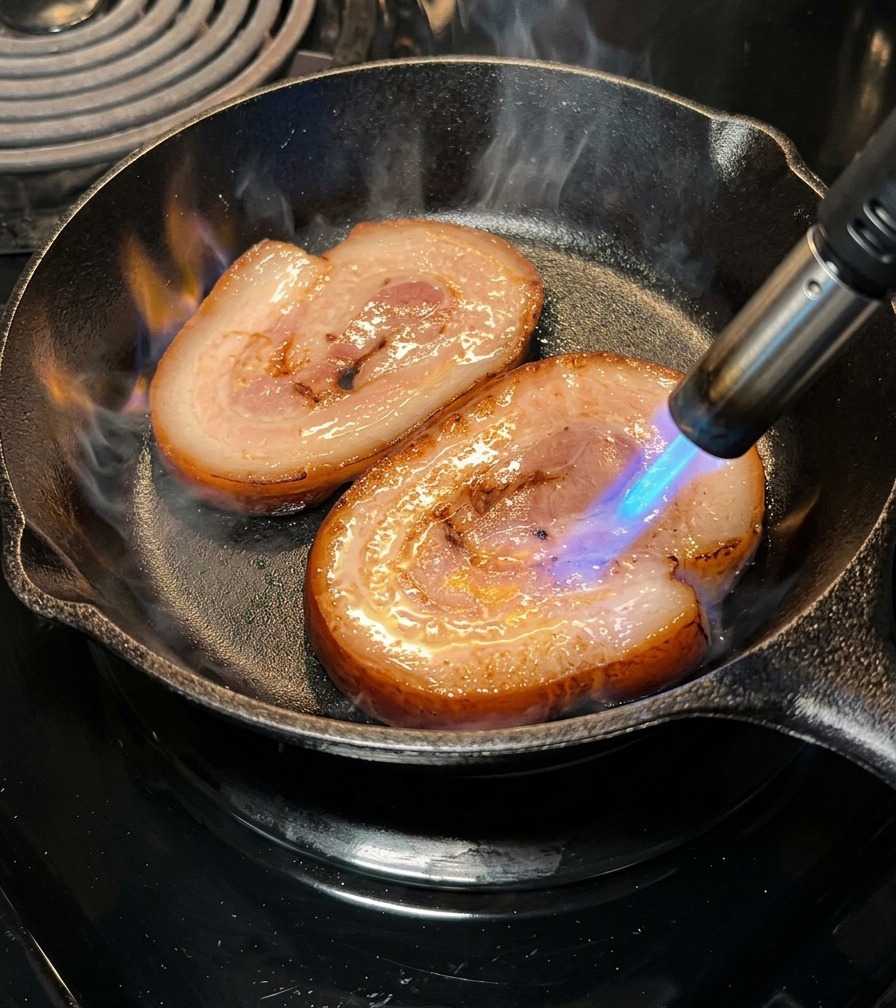 Zwei Chashu-Scheiben werden mit einem Flambierbrenner in einer gusseisernen Pfanne angebraten.