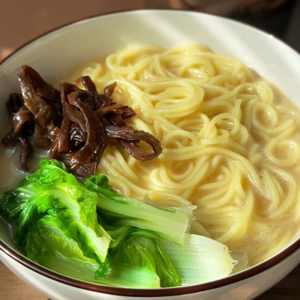 Knackige Bambussprossen werden neben dem Gemüse in der Ramen-Schüssel platziert.