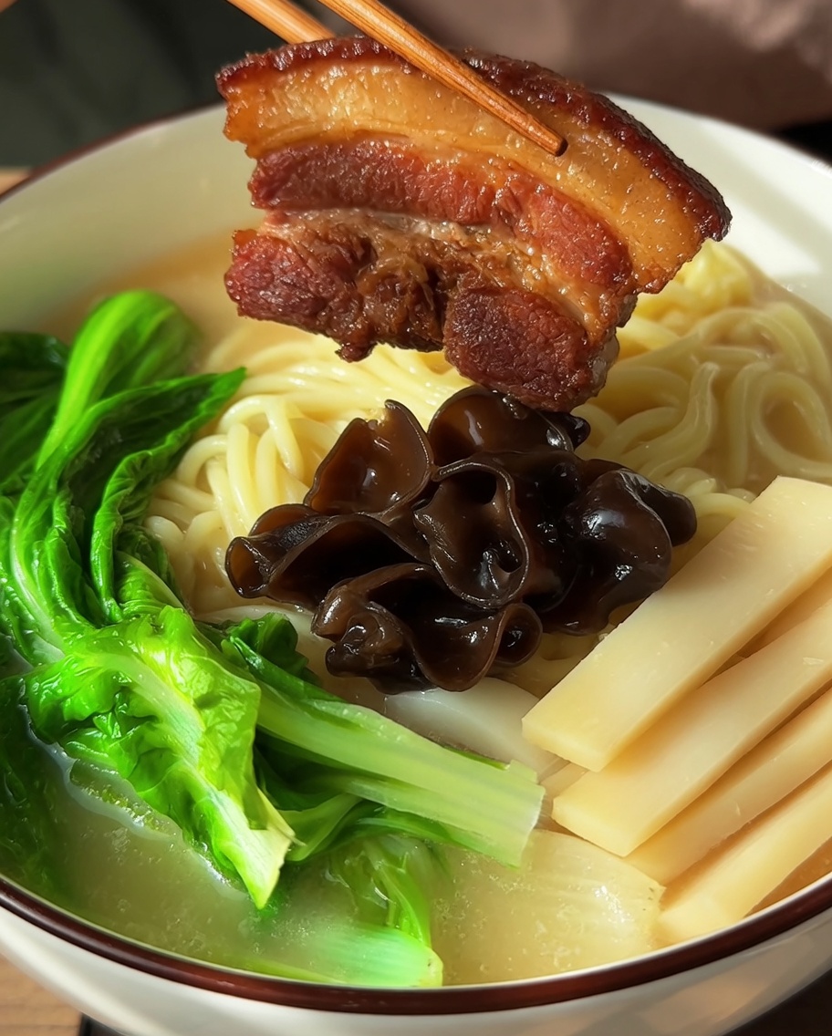 Eine dicke, saftige Scheibe Chashu-Schweinefleisch wird auf das fertige Ramen gelegt.