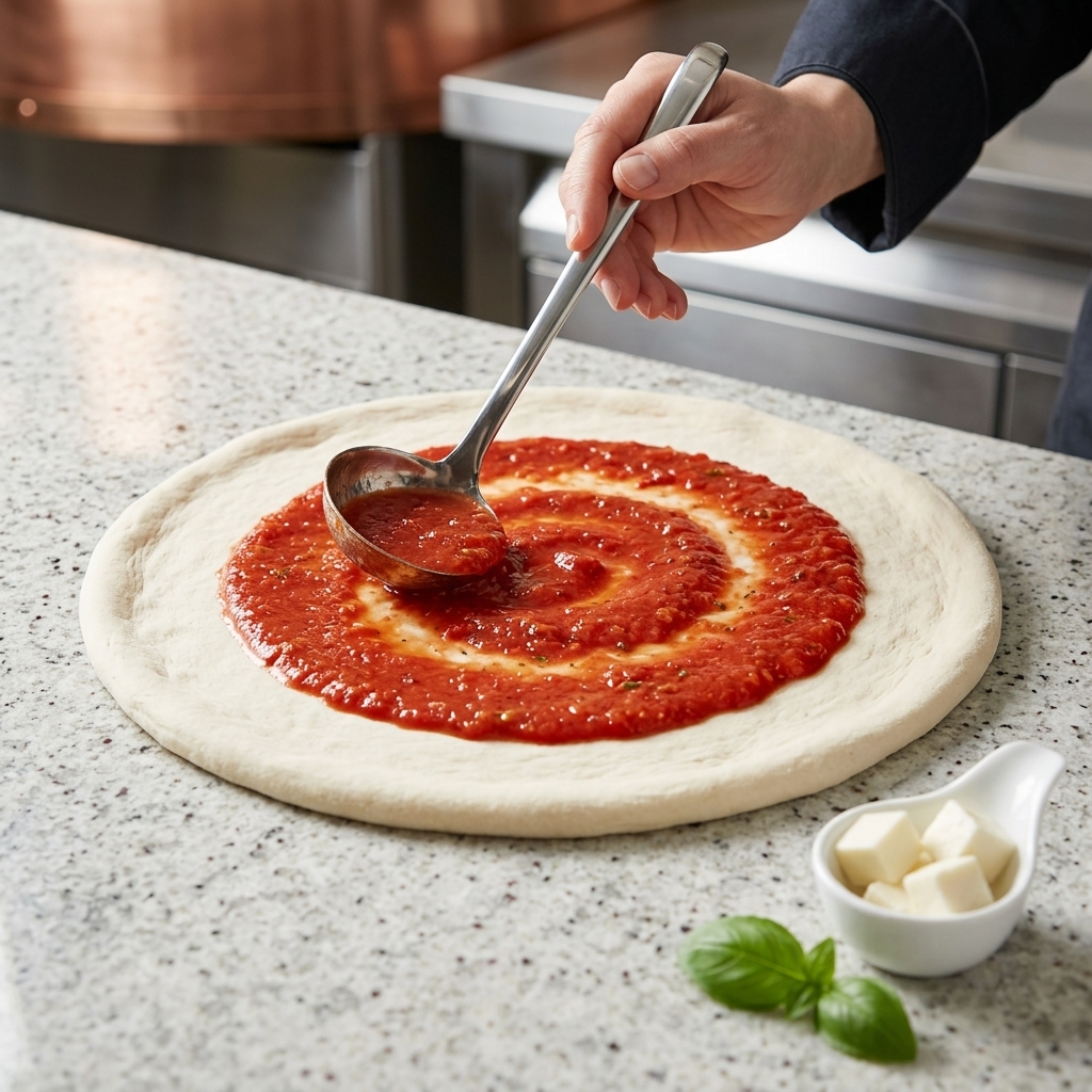 Tomatensoße wird mit einer Schöpfkelle auf dem runden Pizzaboden verteilt.