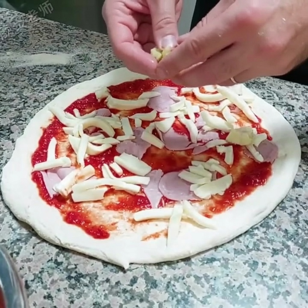 Artischockenherzstücke werden auf dem Mozzarella und Schinken arrangiert.