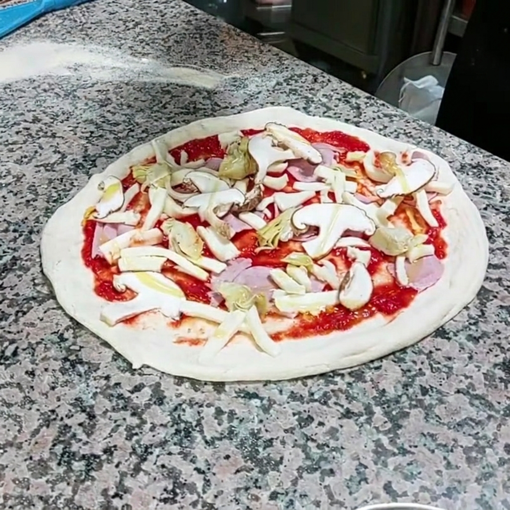 Olivenöl wird in einem feinen Strahl über den Belag der Pizza geträufelt.