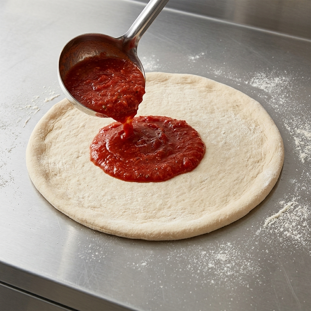 Eine Kelle verteilt Tomatensauce kreisförmig auf dem Pizzateig.