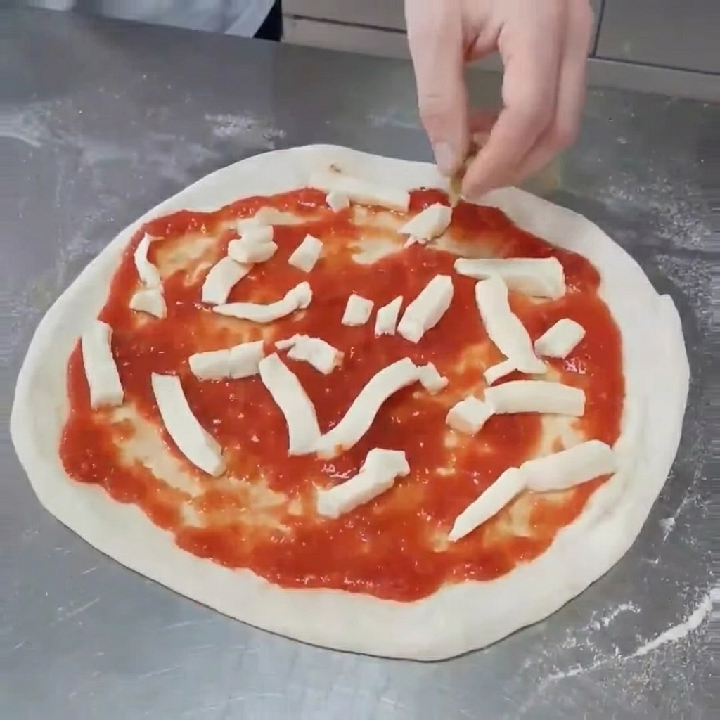 Gegrillte Artischockenhälften werden auf der Pizza platziert.