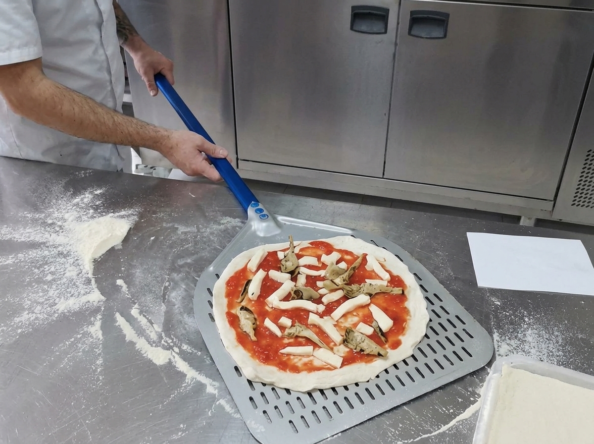 Ein Pizzaschieber befördert die belegte Pizza in einen heißen Ofen.