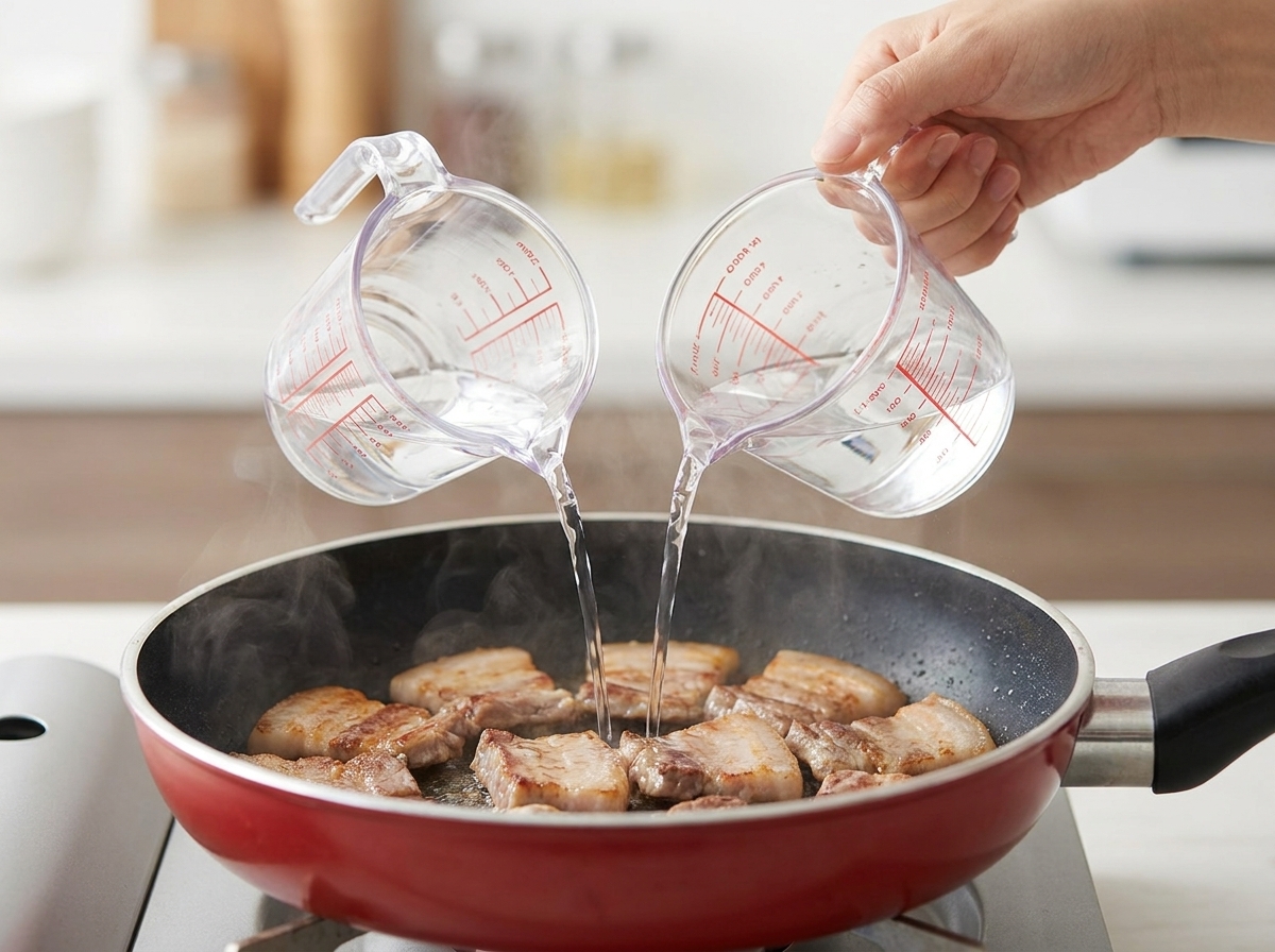 Wasser wird in eine Pfanne mit gebratenem Schweinebauch gegossen.