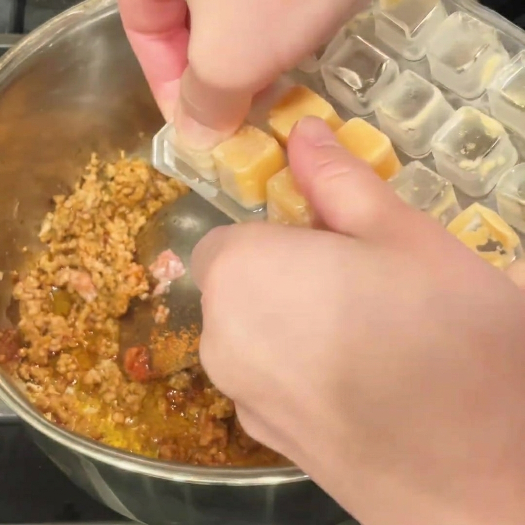 Ein kleiner Löffel gehackter Knoblauch wird zum gewürzten Fleisch in den Topf gegeben.
