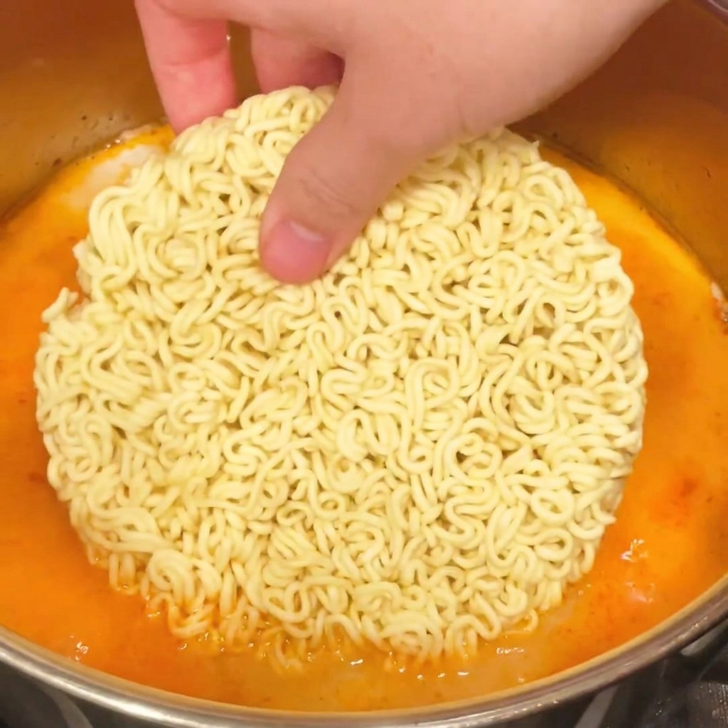 Shin Ramyun-Nudeln werden in die kochende Milch-Fleisch-Brühe gegeben.